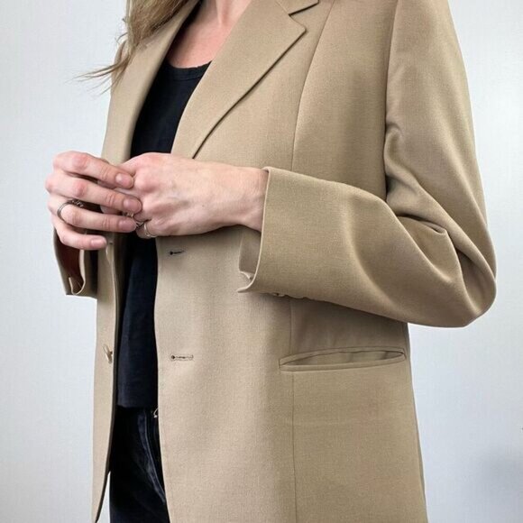 Vintage Women’s Medium Tan Wool Classic Suit Jacket Blazer Sports Coat 2 Button - Picture 2 of 14